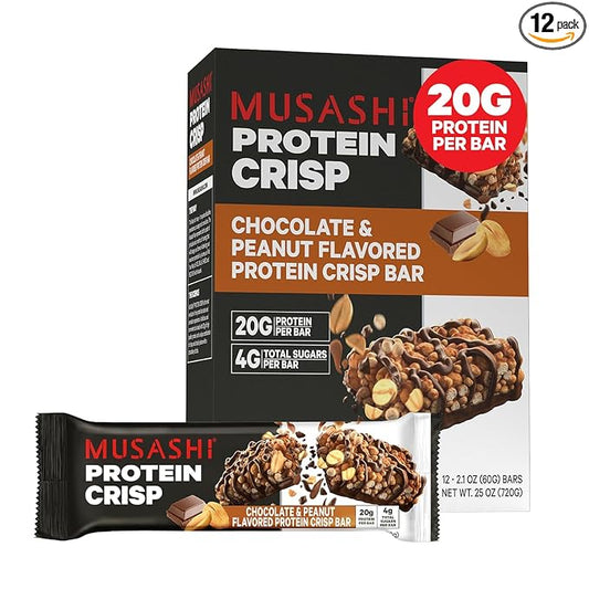 MUSASHI Protein Crisp Bar, 20g Protein, 4g Total Sugars, Chocolate & Peanut, Post Workout and Snack On The Go, 12 Pack of 2.1oz (60g) Bars
