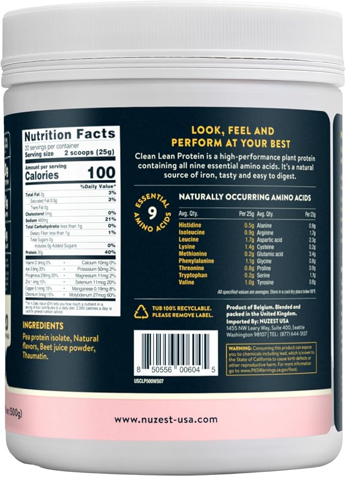 Nuzest - Pea Protein Powder - Clean Lean Protein, Premium Vegan Plant Based Protein Powder, Dairy Free, Gluten Free, GMO Free, Protein Shake, Wild Strawberry, 20 Servings, 1.1 lb