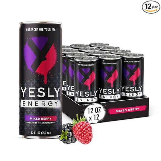 Yesly Energy Drink, Mixed Berry, Naturally Flavored Sparkling Energy Water With Electrolytes, Magnesium, Potassium, Vitamin C, B6 & B12, Natural Caffeine From Green Tea, 12 Fl Oz Cans, 12 Pack