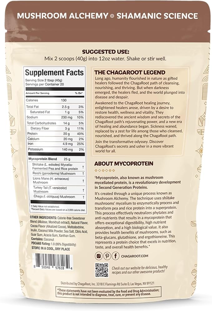 Mycoprotein Mushroom Protein Powder - Vegan Protein, Plant Based, Superfood, Master Blend of Chaga, Reishi, Turkey Tail, Shiitake, Lions Mane - Chocolate (1.76 lb)