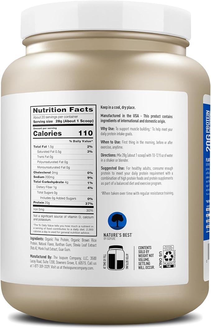 Isopure Plant-Based Protein Powder, Lactose Free, Gluten Free, With Iron, Vanilla, 20g Plant Protein Per Serving, 1.23 Lbs, 20 Servings