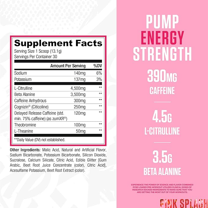 Ryse Loaded Pre Workout Powder - Pink Splash - Daily Pre-Workout for Men & Women with 390mg Caffeine, Beta Alanine, and Citrulline for Pump, Focus, and Energy - 30 Servings