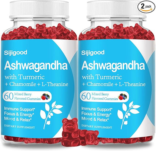 2 Pack Ashwagandha Gummies with L-theanine, Ashwa Root Supplement Gummy for Women Men, 120 Mixed Berry Flavored Gummies