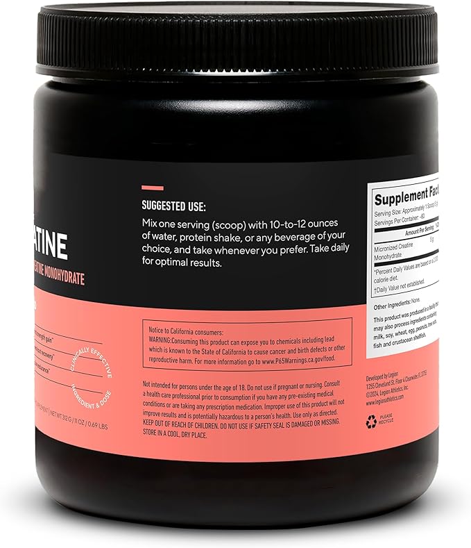 LEGION Micronized Creatine Monohydrate Supplement - Clean Creatine Powder for Muscle Gain & Post Workout Recovery - Micronized Creatine Supplement for Maximum Absorption (60 Servings, Unflavored)