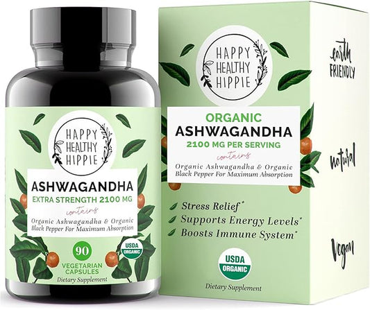 Organic Ashwagandha Capsules 2100mg – Stress Relief Supplement – Extra Strength, 100% Herbal, Energy, Mood & Cortisol Manager, Includes Black Pepper for High Absorption – Non-GMO, 90 Ct
