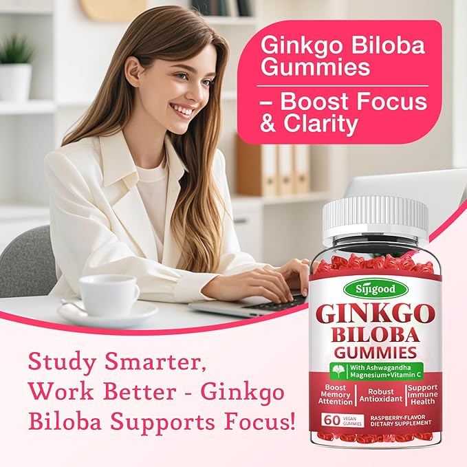 Ginkgo Biloba Gummies with Panax Ginseng and Magnesium, Ginkgo Biloba Supplements for Focus, Memory, and Brain Health for Adults & Kids, Vegan Raspberry Flavor Gummies, 60 Count