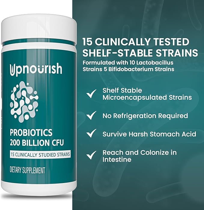 UpNourish Probiotics - 200 Billion CFUs for Men and Women, 15 Clinically Studied Strains, Prebiotics & Enzymes - 60 Vegan Capsules