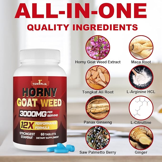 Hornygoatweed for Men, 12 in 1 Horny Goat Weed, Maximum Strength Male Enhancing Supplement with Maca Root, Tongkat Ali, Panax Ginseng, Saw Palmetto, for Hormone, Stamina, Performance, Energy, 60 Count