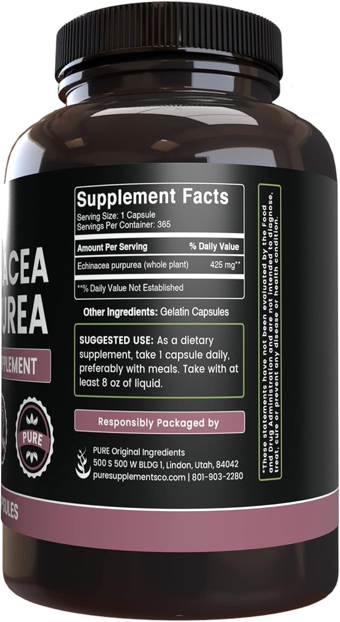 PURE ORIGINAL INGREDIENTS Echinacea Purpurea (365 Capsules) No Magnesium Or Rice Fillers, Always Pure, Lab Verified