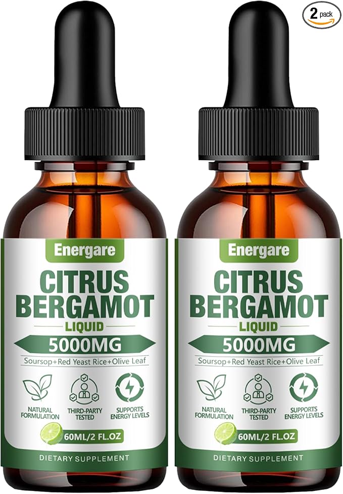 2 Packs Citrus Bergamot Liquid Drops, Bergamot Supplement For High Cholesterol - Soursop, Red Yeast Rice, Olive Leaf - All - Natural, Heart Immune Support & Antioxidant, Soursop Bitters Liquid，4 Fl Oz