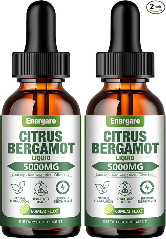 2 Packs Citrus Bergamot Liquid Drops, Bergamot Supplement For High Cholesterol - Soursop, Red Yeast Rice, Olive Leaf - All - Natural, Heart Immune Support & Antioxidant, Soursop Bitters Liquid，4 Fl Oz