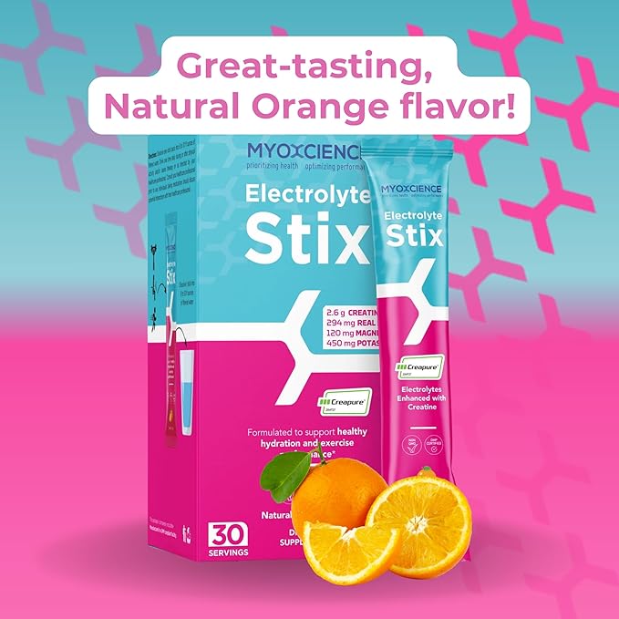 MYOXCIENCE Electrolyte STIX | Creatine Electrolyte Powder | Recovery from Exercise & Muscle Development w/Real Salt (Natural Orange Flavor) (Stix 30 ct)