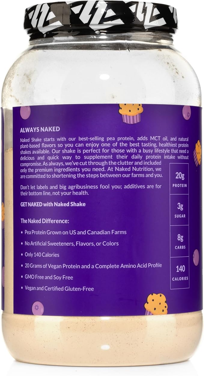 NAKED Shake - Blueberry Muffin Protein Powder - Flavored Plant Based Protein from US & Canadian Farms with MCT Oil, Gluten-Free, Soy-Free, No GMOs or Artificial Sweeteners - 30 Servings