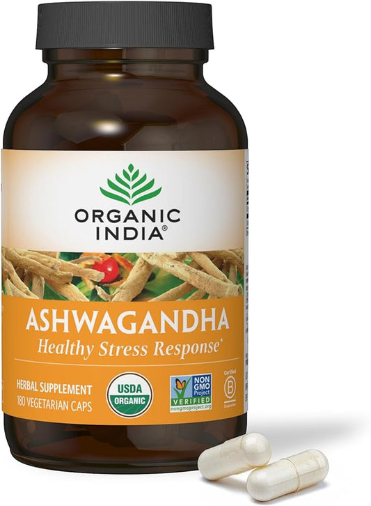 ORGANIC INDIA Ashwagandha Herbal Supplement - Stress Response Support, Vegan, Gluten-Free, Kosher, USDA Certified Organic, Non-GMO, Supports Mood, Endurance, Vitality & Strength - 180 Capsules