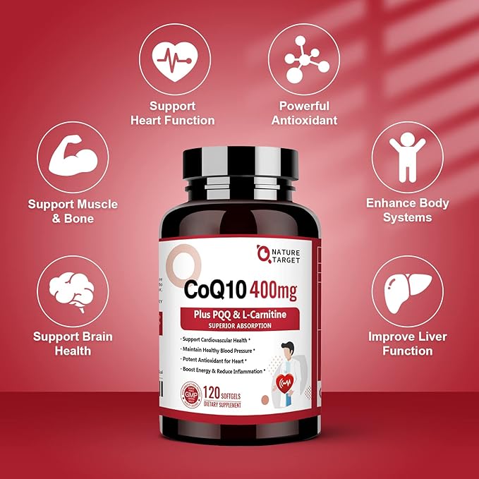 NATURE TARGET CoQ10-400mg with PQQ, Omega-3s & L-Carnitine, High Absorption Coenzyme-Q10 with BioPerine, Supports Heart, Brain, Immune System, Energy Production, 120 Servings
