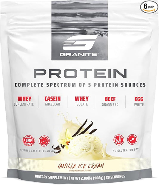 Granite Nutrition Protein Powder - Premium 5-Source Blend (Whey, Casein, Egg, Grass-Fed Beef) for Lean Muscle and Recovery - Vanilla Ice Cream, 30 Servings