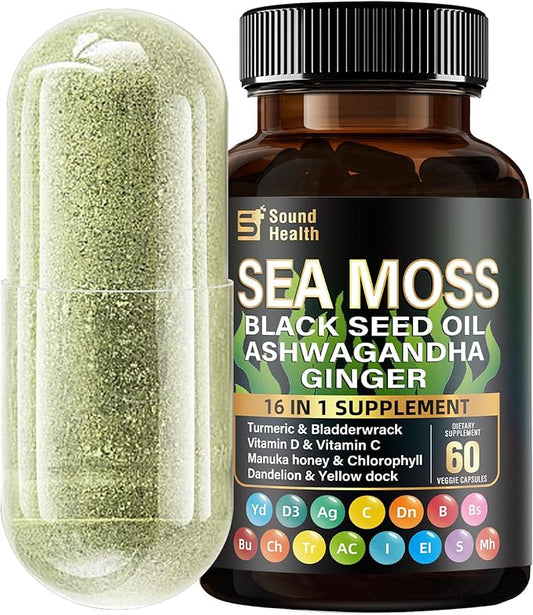 Sea Moss Capsules, Featuring 8000mg Sea Moss, 4000mg Black Seed, Teaming up with 2000mg Ashwagandha, Turmeric, Burdock, and Augmented with Vitamin C and Vitamin D3(30 Days)