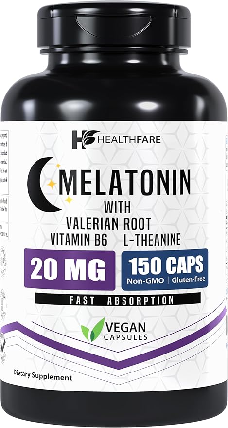Melatonin 20mg | 150 Veg Capsules | Complex with L-Theanine | Valerian Root & Vitamin B6 | Vegetarian Formula | Non-GMO | Gluten-Free | Made in The USA
