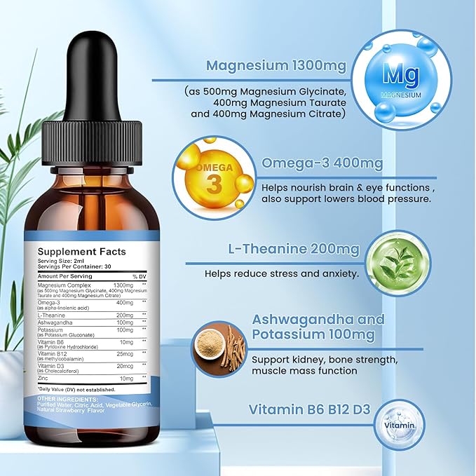 2 Pack Liquid Magnesium Glycinate Drops with Taurate & Citrate, Calm Magnesium with Omega3, L-Theanine, Potassium, Ashwagandha, Vitamin for Sleep, Muscle, Immune Health, Sugar-Free Strawberry Flavor