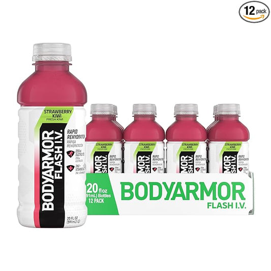BODYARMOR Flash I.V. Electrolyte Beverage, Strawberry Kiwi, Hydration Drink with Coconut Water For Rapid Rehydration, Post Workout Recovery, 20 Fl Oz (Pack of 12)