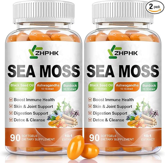 Organic Sea Moss Softgels with Black Seed Oil, Ashwagandha, Burdock, Turmeric, Elderberry, Omega 3 for Immune System, Skin, Joint, Energy, Gut Support 180-Count, 90 Days Supply