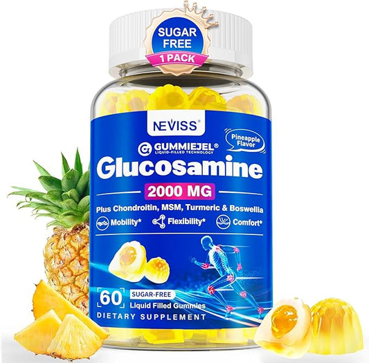 Sugar Free Glucosamine Filled Gummies 2000MG - Glucosamine Chondroitin MSM Supplement - Plus Turmeric, Boswellia, Hyaluronic Acid & Vitamin D3, Mobility, Comfort, Flexibility & Bone Support, 60Cts