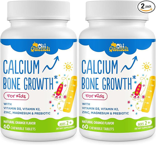 500 MG Calcium Supplement with Vitamin D3 & K2, Zinc, Magnesium & Prebiotics. Kids Vitamins for Kids' Height. Bone Strength, High Absorption, Orange Chewables, Gluten Free, 120 Tabs