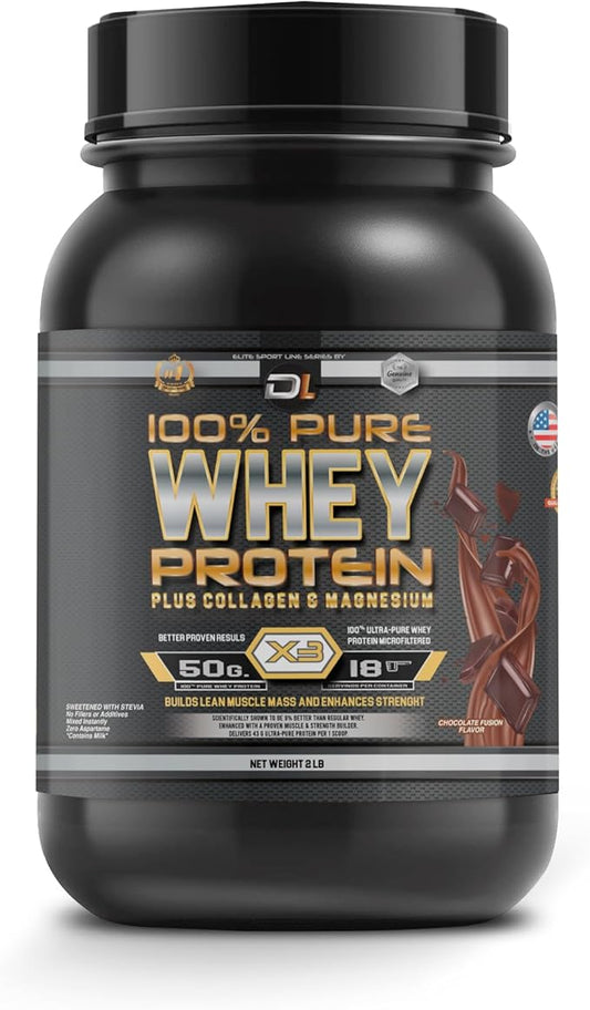 DL 100% Pure Whey Protein Powder + Collagen & Magnesium | 43g Protein - 8.7g BCAA - 0g Fat | Muscle Gain, Recovery & Nutrient Delivery | Immune Support | Quick & Easy Mixing Protein Powder | 2 lb