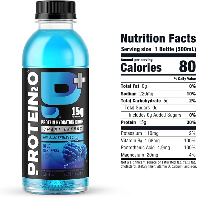 Protein2o 15g Whey Protein Isolate Hydration Drink Plus Energy & Focus, 350mg of Electrolytes, 125mg of Caffeine, Sugar Free, Blue Raspberry, 16.9 oz Bottle (Pack of 12)