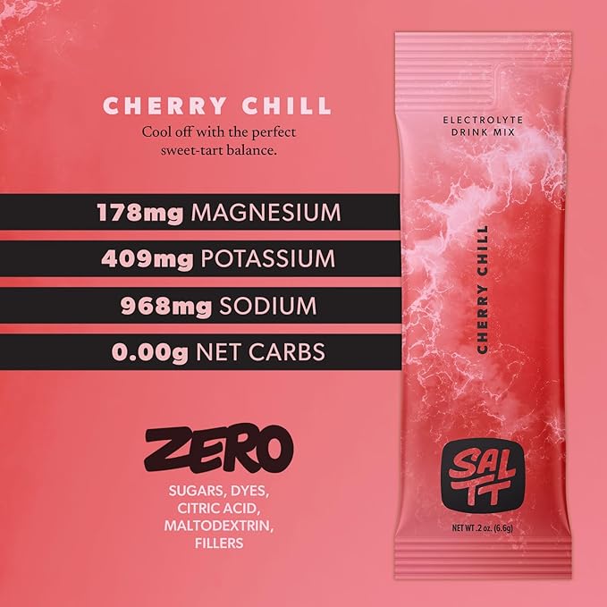 Keto Chow SALTT Electrolytes Powder Flavored Drink Mix - Cherry Chill - 30 Hydration Packets - Magnesium, Potassium, Sodium, Trace Minerals - Zero Sugar & Gluten Free - Travel Essentials
