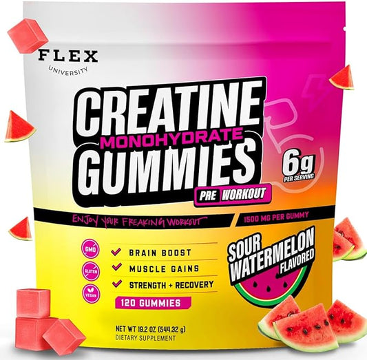 (6g) Creatine Monohydrate Gummies Men Women for Pre Workout Energy Muscle Growth Gym Gains Recovery, Preworkout Protein Chews Creatina Gomitas, Body Builder Focus Supplement Vitamin (Vegan | 120 Ct)