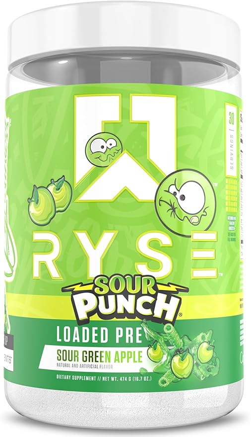 Ryse Loaded Pre Workout Powder - Sour Punch Green Apple - Daily Pre-Workout for Men & Women with 390mg Caffeine, Beta Alanine, and Citrulline for Pump, Focus, and Energy - 30 Servings
