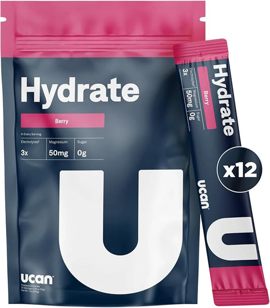 UCAN Hydrate Electrolyte Drink Mix (Berry, 12 Stickpacks) Sugar-Free, Keto-Friendly, Vegan, Non-GMO, Gluten-Free Electrolyte Powder with Potassium & Magnesium for Runners & Athletes