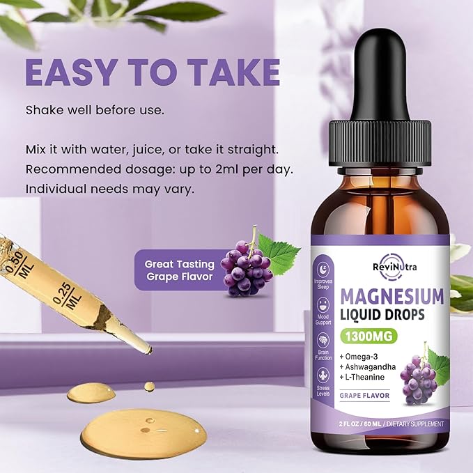 2 Pack Magnesium Liquid Drops, Calm Magnesium Glycinate Liquid Drops with Taurate & Citrate, Potassium, Omega3, L-Theanine, Ashwagandha, D3, B6, B12 for Sleep, Muscle, Heart, Sugar-Free Grape Flavor