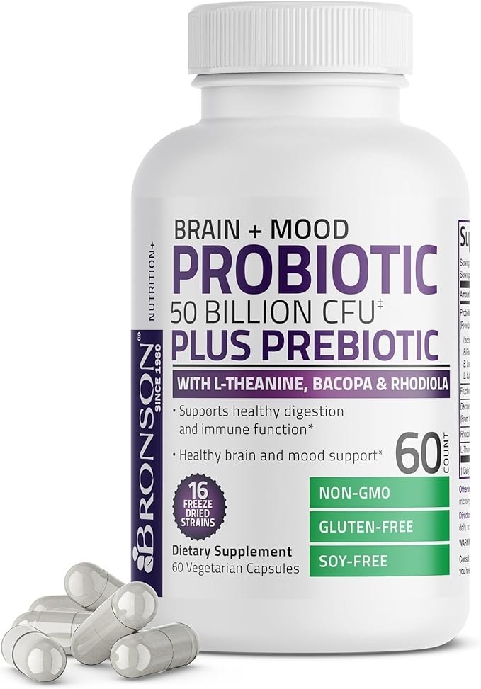 Bronson Brain + Mood Probiotic 50 Billion CFU Plus Prebiotic with L-Theanine, Bacopa and Rhodiola Non-GMO, 60 Vegetarian Capsules