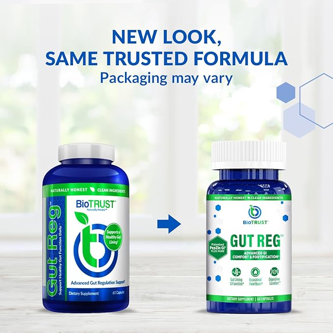 BioTrust Gut Reg Supports a Healthy Gut Lining, Helps Restore Gut Health and Helps Relieve Occasional GI Discomfort with PepZin GI, L-Glutamine and Ginger Extract, Non-GMO, Gluten-Free (60 Capsules)