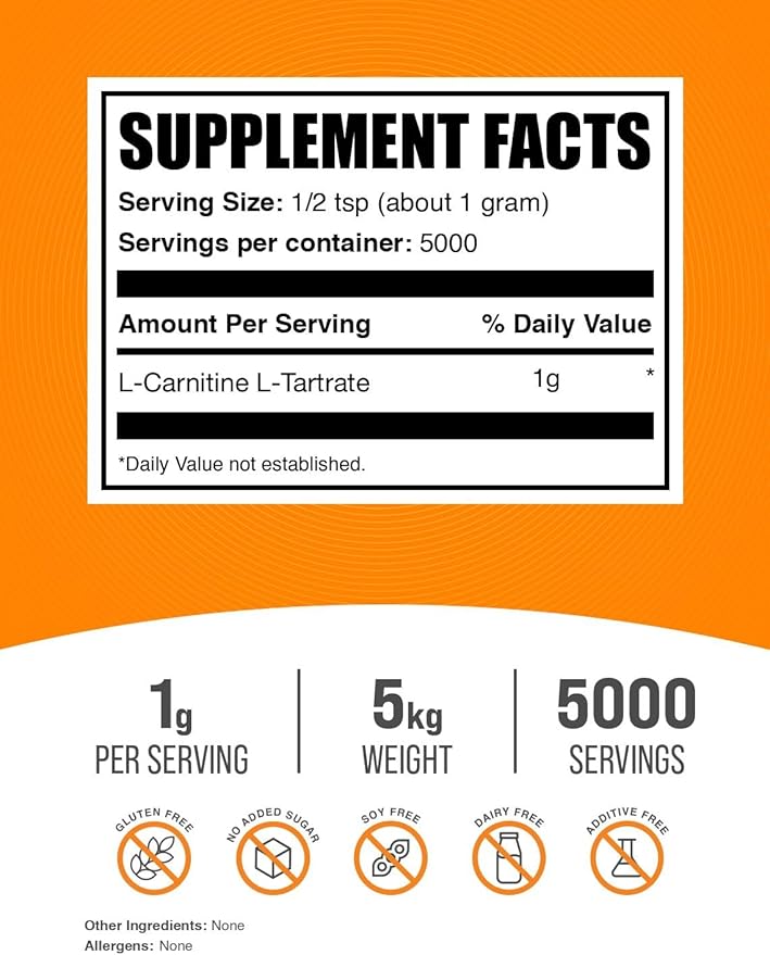 BulkSupplements.com L-Carnitine Tartrate Powder - Amino Acid Powder, Carnitine Supplement - Unflavored & Gluten Free, 1g per Serving, 1kg (Pack of 5) (11 lbs)