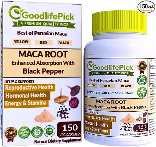 Peruvian Maca Root Capsules 150 ct. Powerful Maca Blend of Yellow Red & Black Maca Root with Black Pepper. All Natural NonGMO Vegan No Stearate No Rice Powder No Silica No Filler