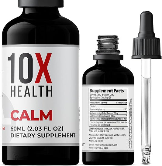 10X Health Calm GABA L-theanine Supplement Liquid Drops - 100mg L Theanine Drops & 100mg GABA Supplements to Support Nerves, Calm & Stress - Natural Flavor 2.03 Fl oz.