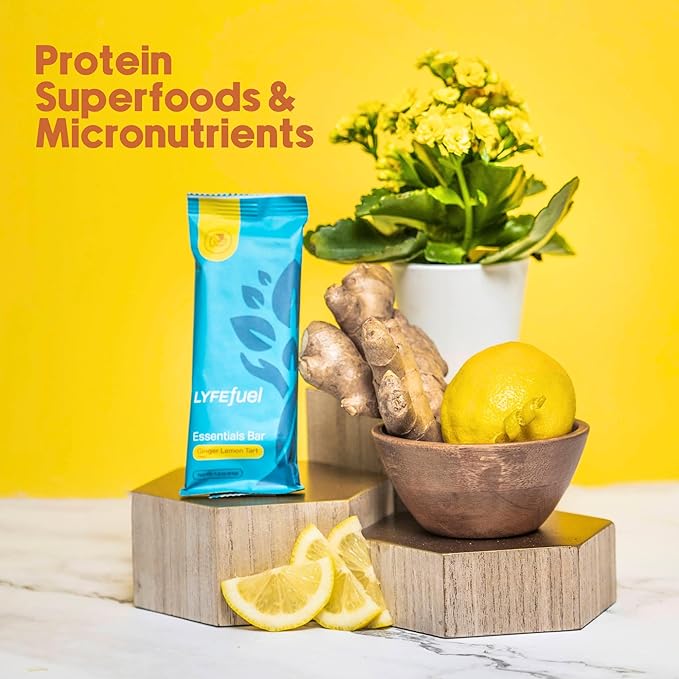 Essential Nutrition Bars by LyfeFuel | Vegan Protein Bar & Low Carb Meal Replacement for Intermittent Fasting and Hunger Control | 12g Plant-Based Protein, High Fiber, MCT Oil and 21 Organic Vitamins | No Sugar Alcohols (Lemon Ginger Tart)