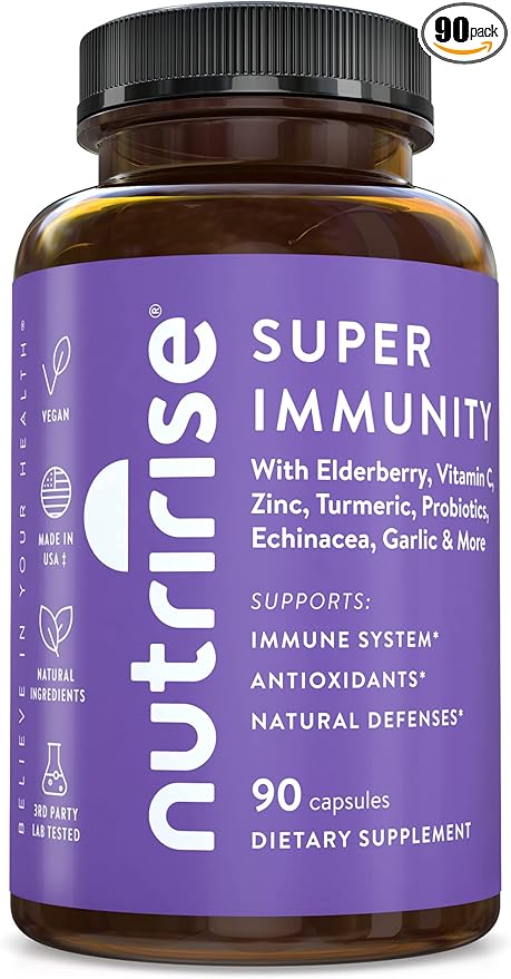 NutriRise Immunity Complex Immune Support Supplement with Vitamin C, E, B6, Zinc, Turmeric Curcumin, Elderberry, Echinacea, 7.2 Billion CFU Probiotics for Gut Health, 90 Count