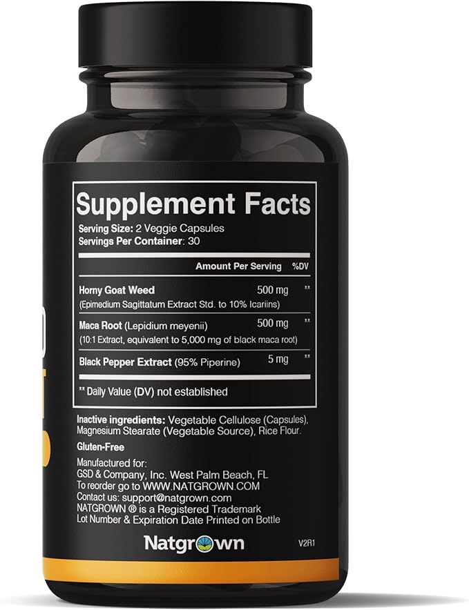 Natgrown Horny Goat Weed and Maca Root Extract Supplement for Men & Women (Epimedium Extract, Hornygoatweed) Vegan Capsules - 60 Ct