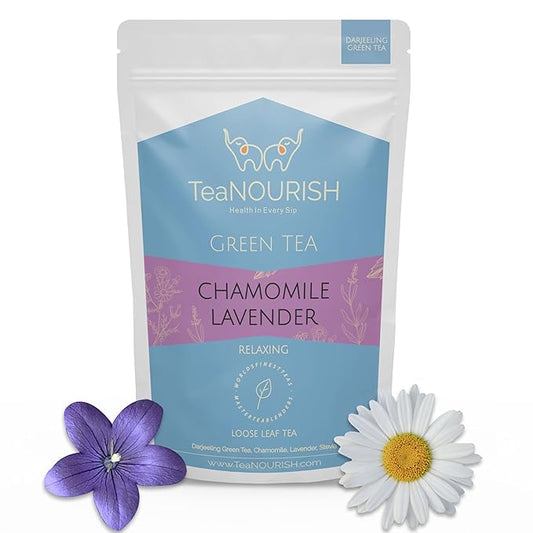 TeaNOURISH Chamomile Lavender Green Tea | Loose Leaf Tea | Calming & Relaxing Chamomile Sleep Tea | Bedtime Tea | 100% NATURAL | Brew Hot or Iced Tea - 3.53oz/100g