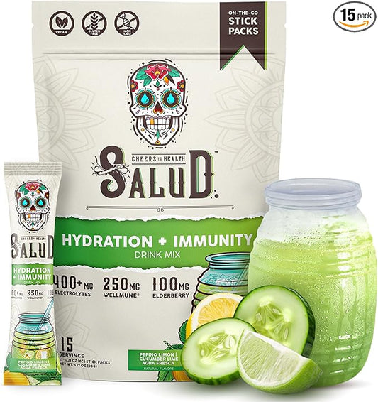 Salud 2-in-1 Hydration Packets + Immunity Electrolytes Powder, Cucumber Lime - Agua Fresca Drink Mix, Elderberry, Dairy & Soy Free, Non-GMO, Gluten Free, Vegan, Low Calorie, 1g Sugar (15 Servings)