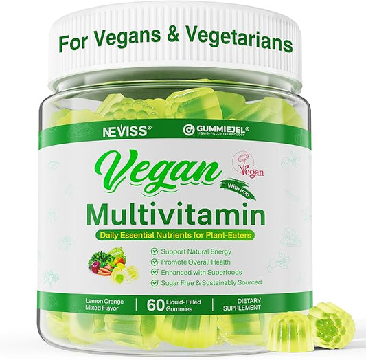 Vegan Multivitamin for Women & Men (Made in USA) w/ Methyl B12, D3 K2, Plant Based Omega 3 (DHA+EPA), Iron, Choline, Zinc, Whole Food Daily Vitamins Gummies for Vegans & Vegetarians, Sugar Free, 60Cts