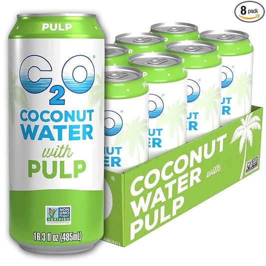 C2O - Coconut Water with Pulp (8 Pack) - Made with Fresh Coconut Water - Plant Based - Non GMO - Canned Water - Natural Hydration, Essential Electrolytes, & Potassium - 8 Cans, 16.3 FL OZ