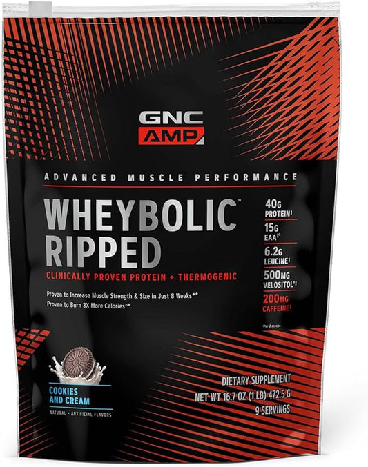 GNC AMP Wheybolic Ripped Protein Powder & Thermogenic Protein Supplement, Muscle Strength & Size, Energy & Endurance, 40g Protein, 6.2g Leucine, 15g EAA, Caffeine, Cookies and Cream, 9 Servings