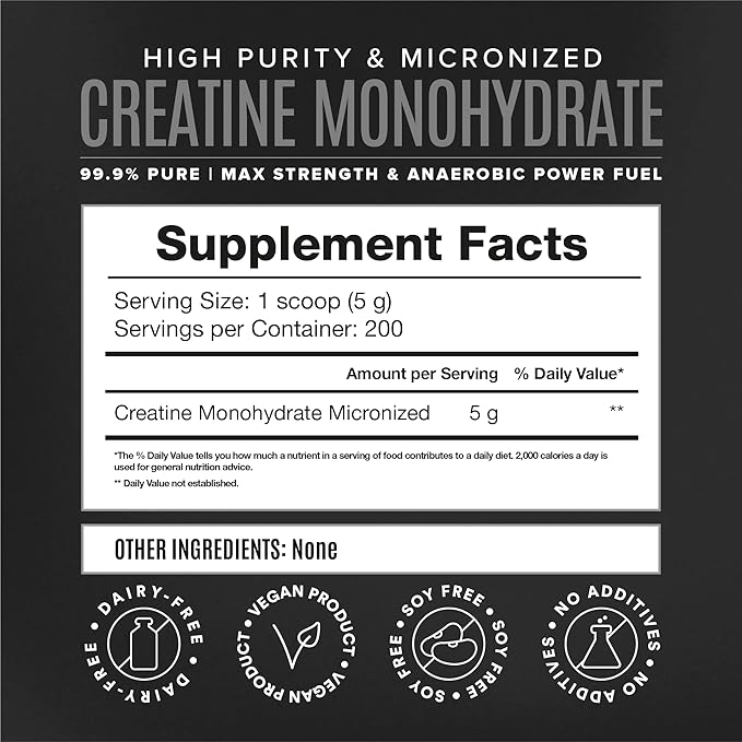 Micronized Creatine Monohydrate Powder, Muscle Recovery, Caffeine Free, Creatine Pre Workout, Vegan, Post Workout, Gluten Free, Sugar Free | 200 Servings (5 Grams Each) | 2.2lb.