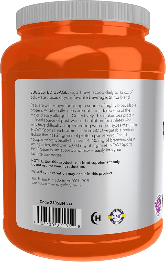 NOW Foods Sports Nutrition, Pea Protein 24 g, Fast Absorbing, Unflavored Powder, 2-Pound
