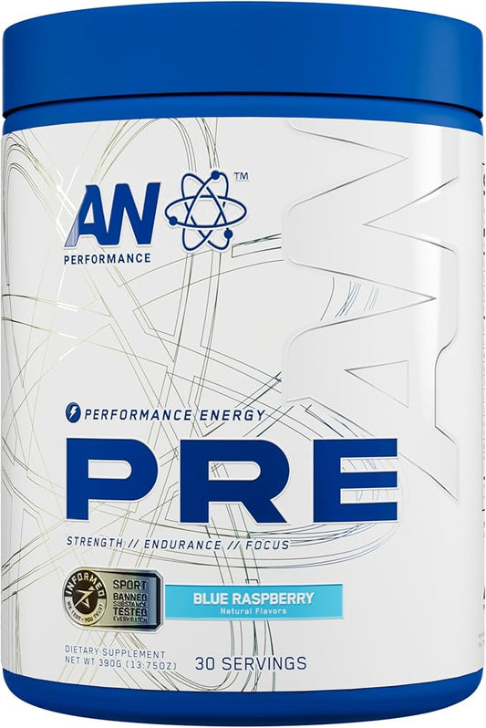 AN Performance Pre-Workout Powder Supplement for Men & Women | Energy Drink Mix with 300mg Caffeine + Beta Alanine + Citrulline | Third-Party Tested | Blue Razz | 30 Servings